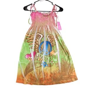 NWT InGear Green Wing Peace Graphic Mini Dress Sz M Smocked Tie Straps Y2K Beach
